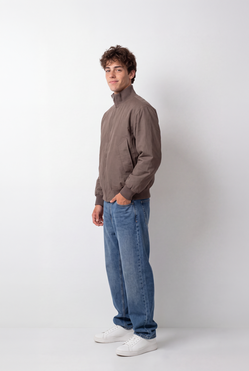 Men's Tomato Store Bomber Jacket Ribbed Collar Full-Zip Front Angled Side Pockets