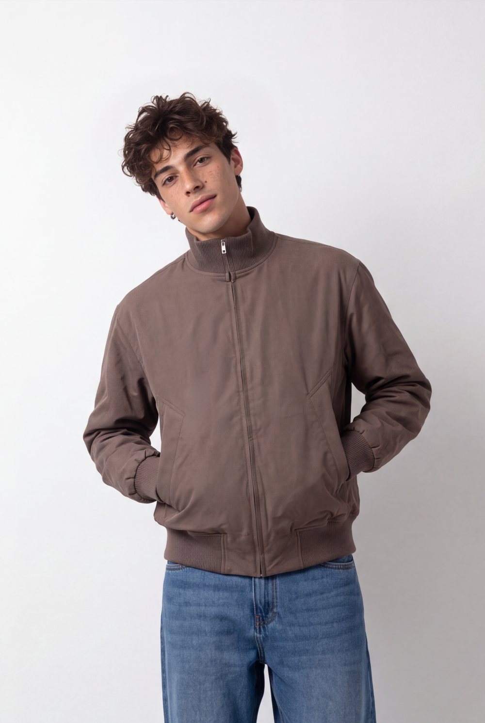 Men's Tomato Store Bomber Jacket Ribbed Collar Full-Zip Front Angled Side Pockets