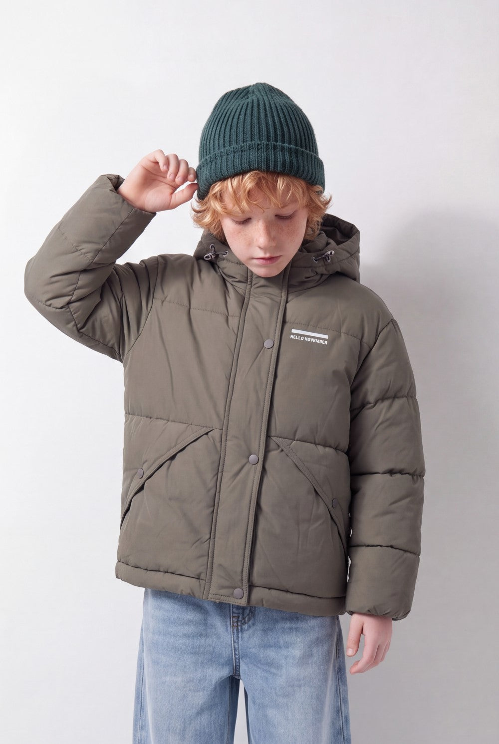 Boy's Tomato Store Puffer Jacket Hooded Design Snap Zip Front Chest Label Detail Waterproof