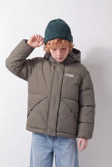 Boy's Tomato Store Puffer Jacket Hooded Design Snap Zip Front Chest Label Detail Waterproof