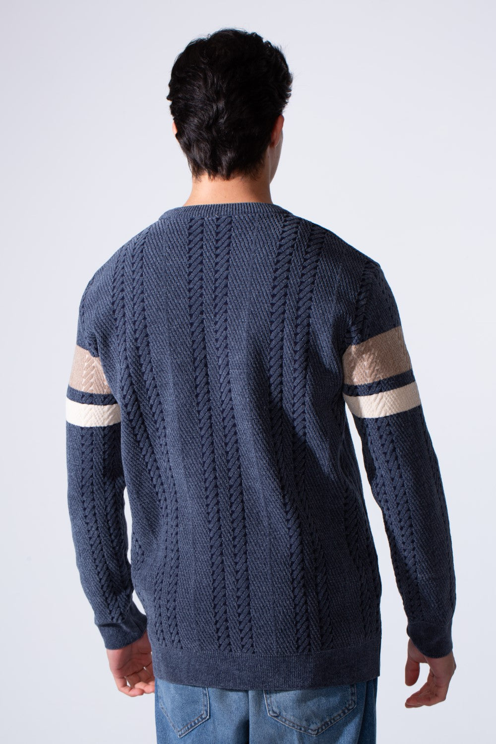 Men's Round Neck Textured Stripe Slim Fit Knit Pullover