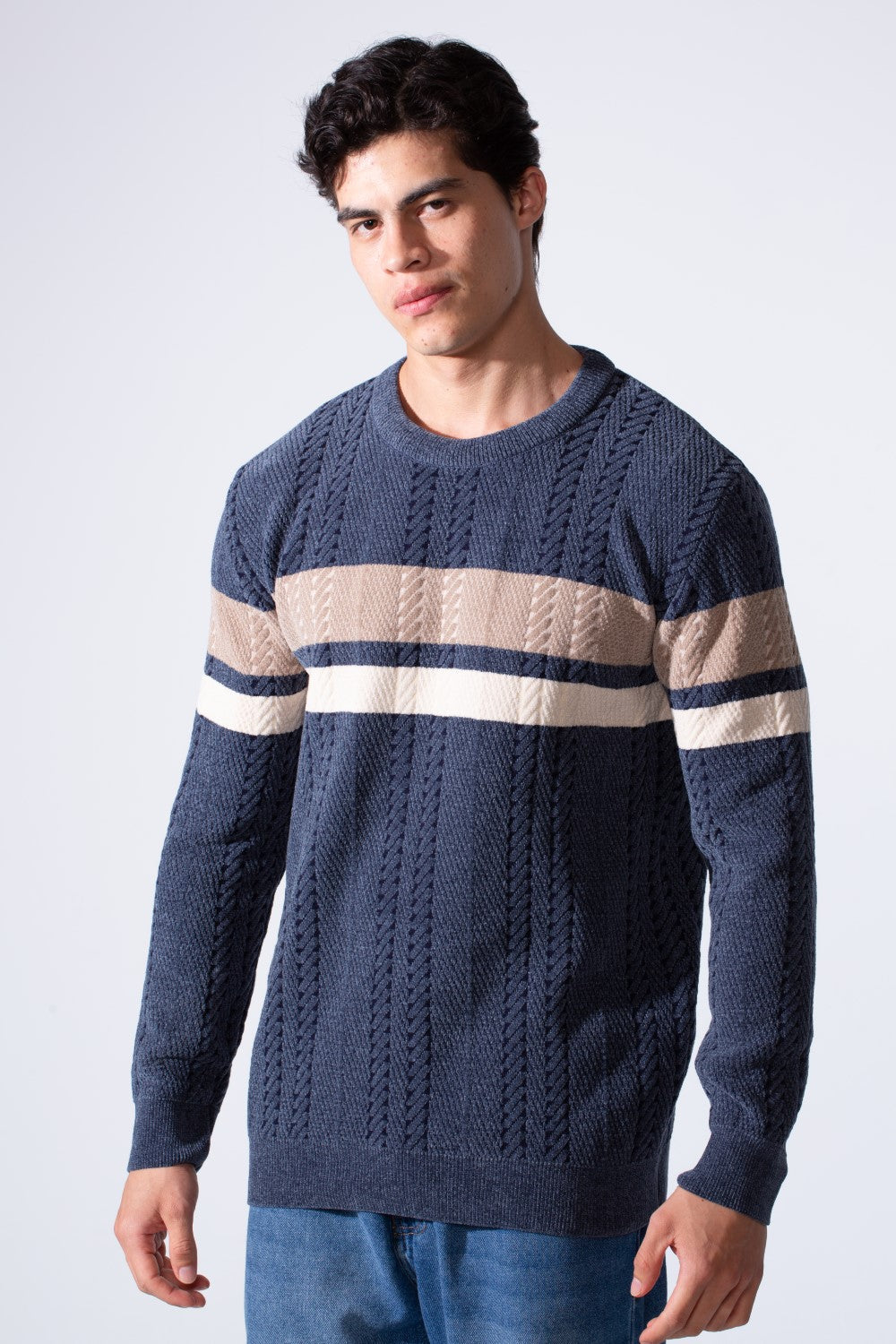 Men's Round Neck Textured Stripe Slim Fit Knit Pullover
