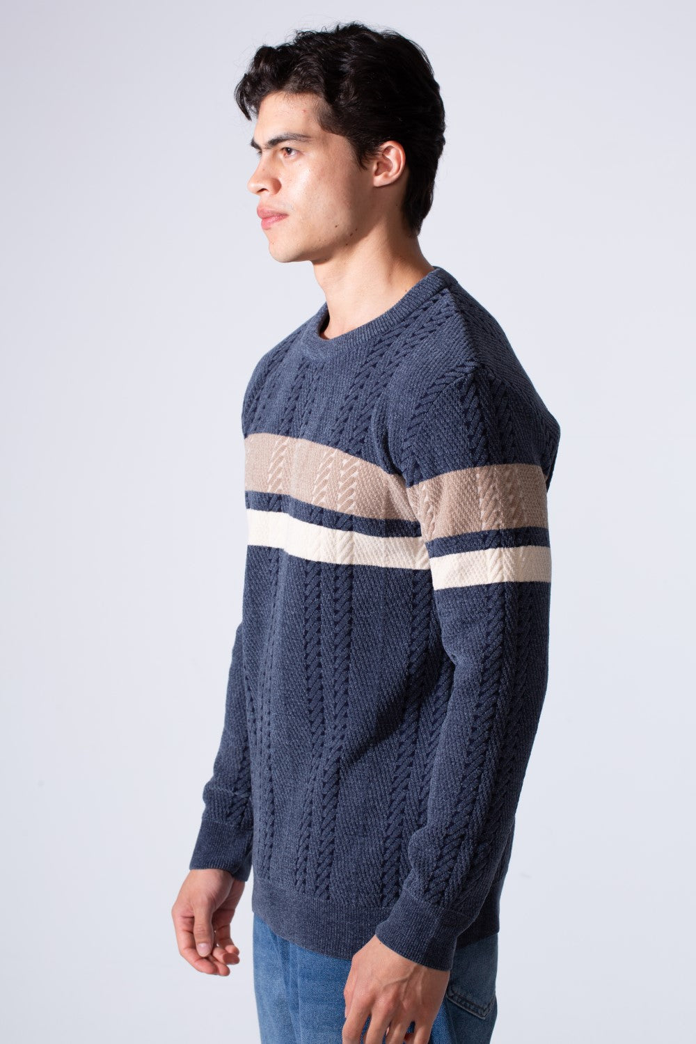 Men's Round Neck Textured Stripe Slim Fit Knit Pullover