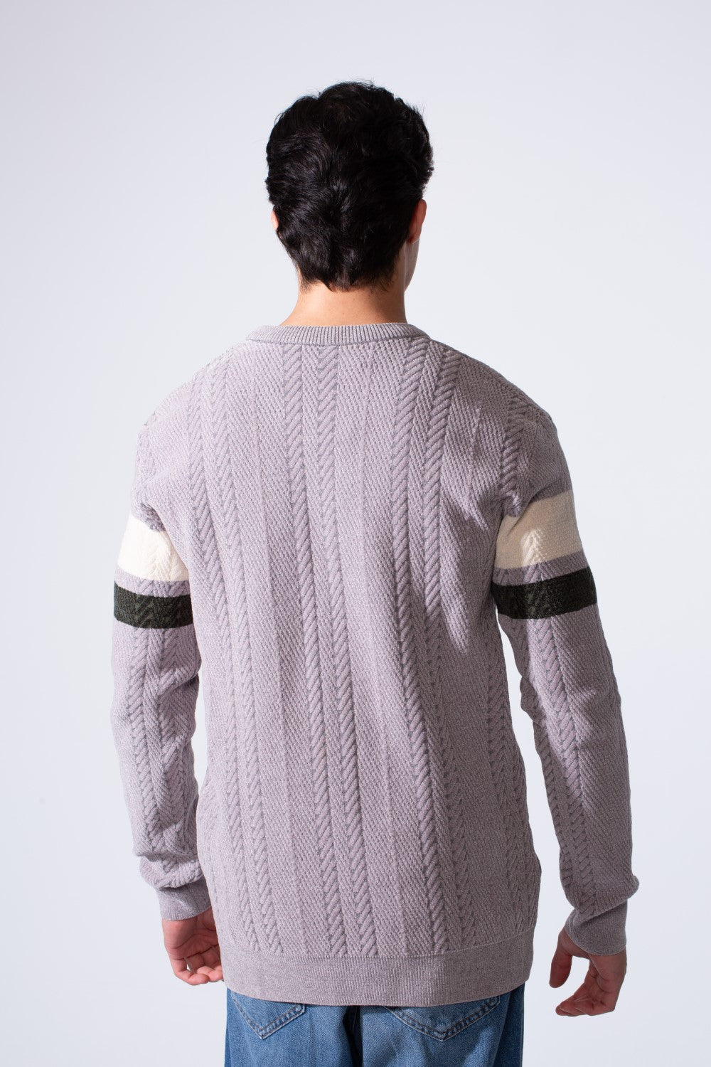 Men's Round Neck Textured Stripe Slim Fit Knit Pullover