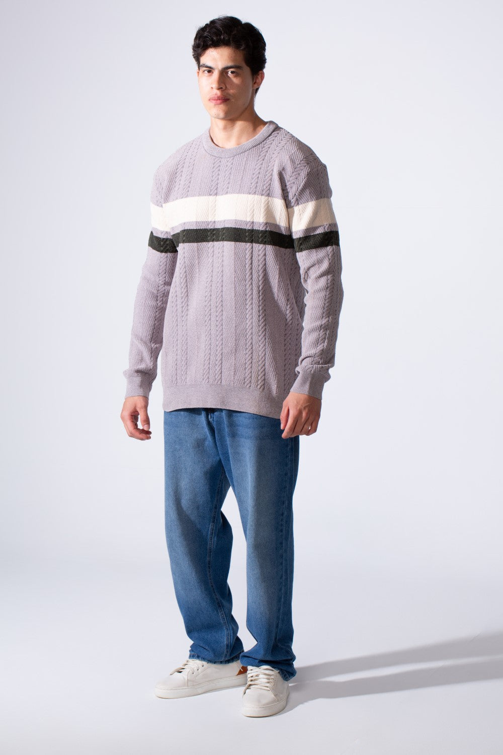 Men's Round Neck Textured Stripe Slim Fit Knit Pullover