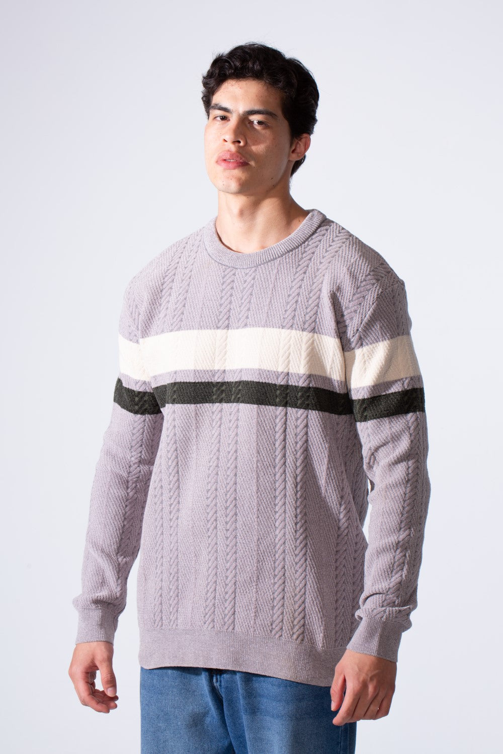 Men's Round Neck Textured Stripe Slim Fit Knit Pullover