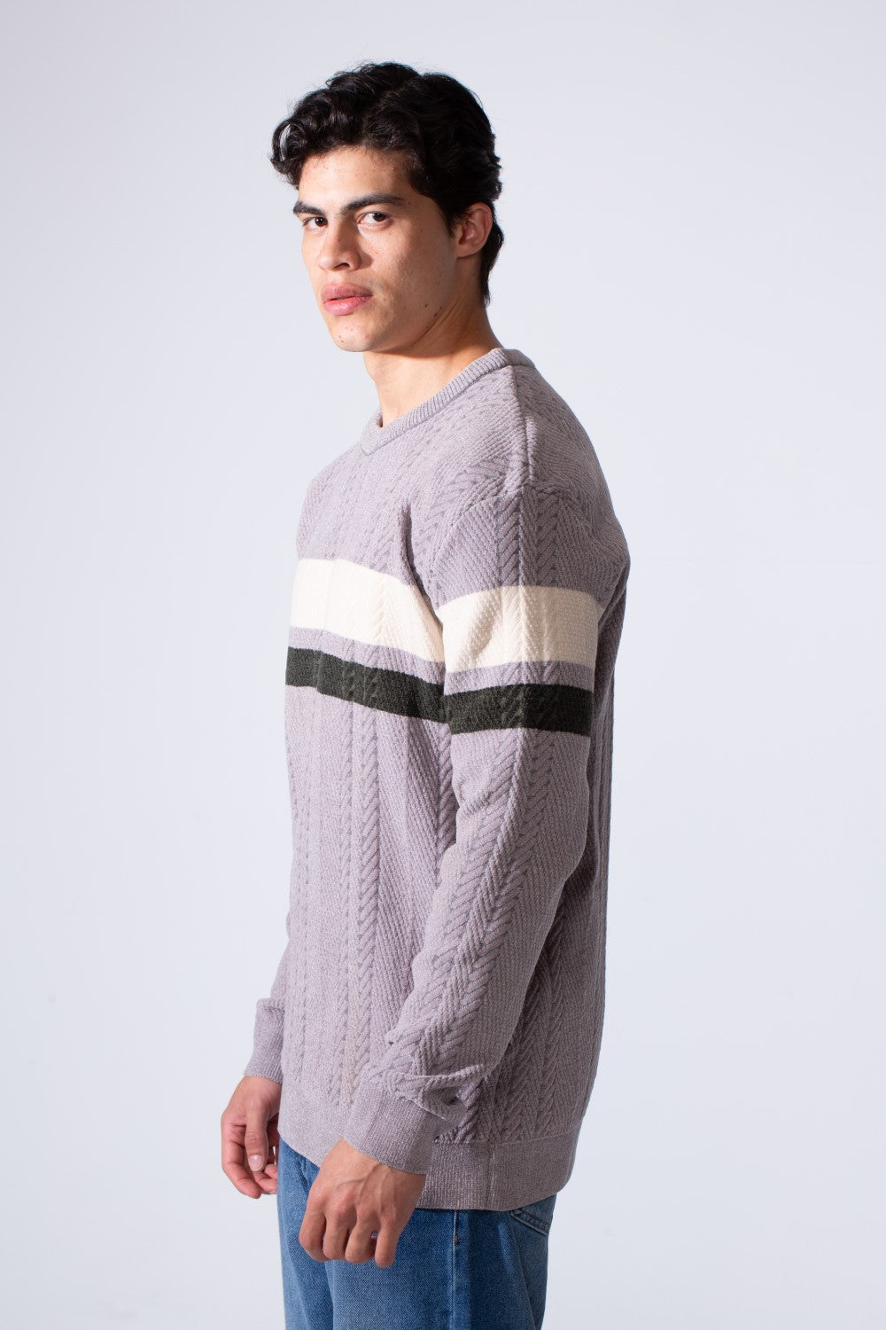 Men's Round Neck Textured Stripe Slim Fit Knit Pullover