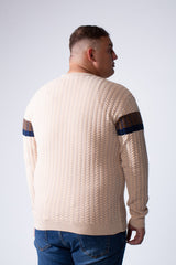 Men's Long Sleeve Textured Cable-Knit Pattern Crew Neck Chest Front Striped Comfy Modern Big Size Pullover