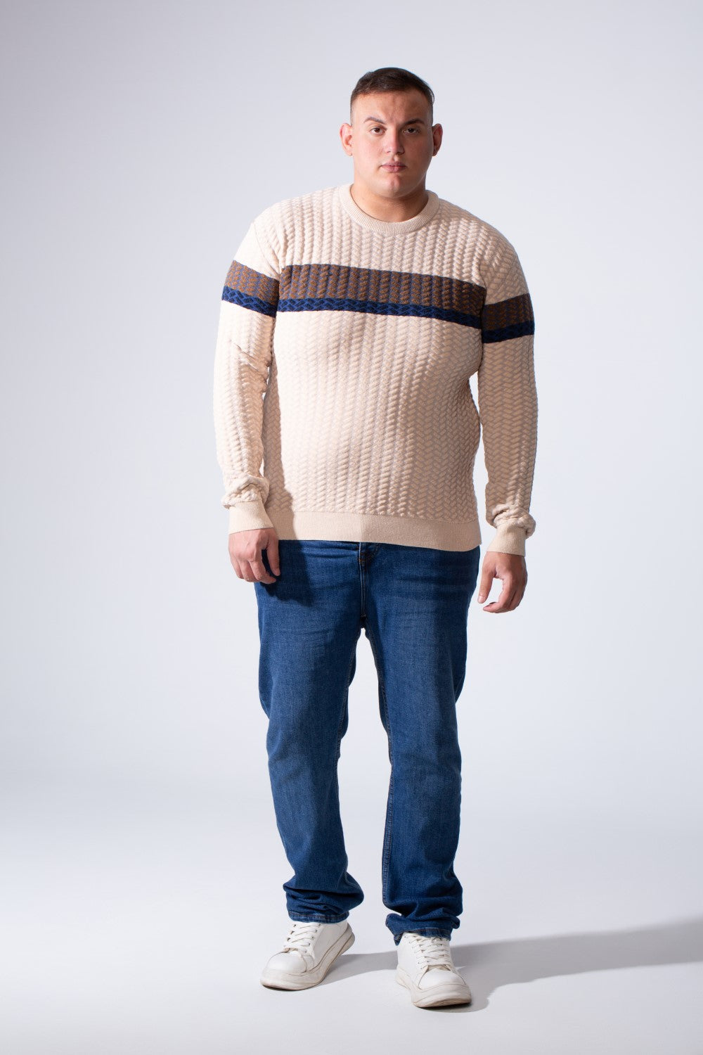 Men's Long Sleeve Textured Cable-Knit Pattern Crew Neck Chest Front Striped Comfy Modern Big Size Pullover