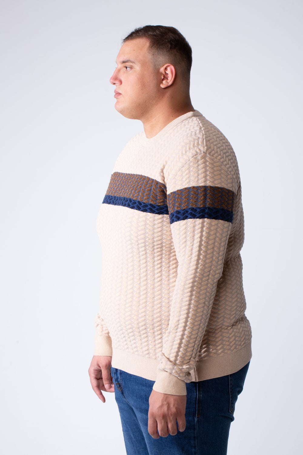 Men's Long Sleeve Textured Cable-Knit Pattern Crew Neck Chest Front Striped Comfy Modern Big Size Pullover