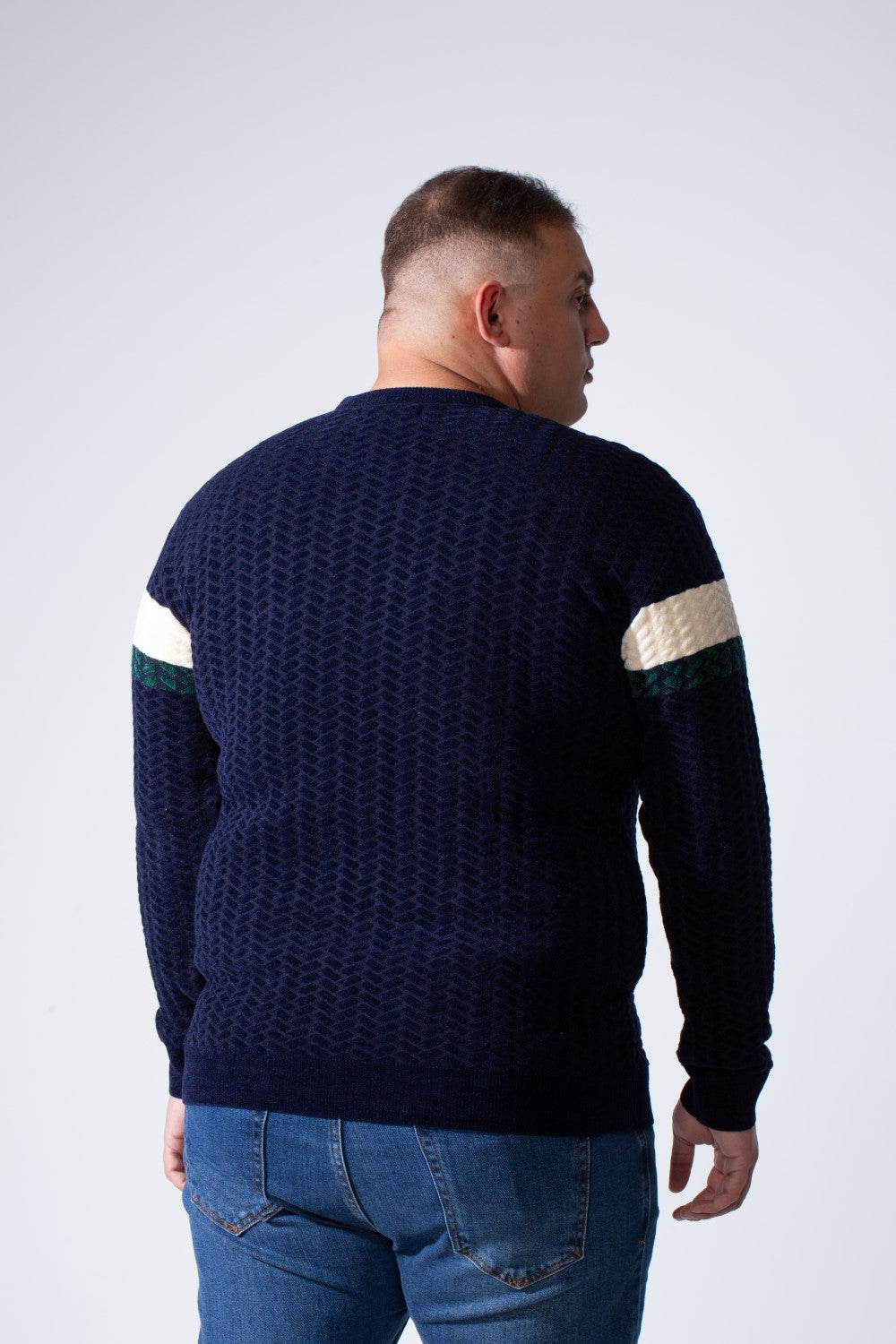 Men's Long Sleeve Textured Cable-Knit Pattern Crew Neck Chest Front Striped Comfy Modern Big Size Pullover