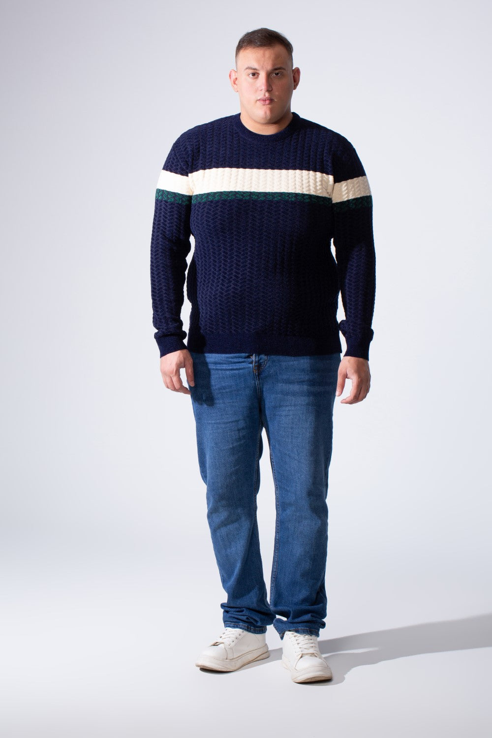 Men's Long Sleeve Textured Cable-Knit Pattern Crew Neck Chest Front Striped Comfy Modern Big Size Pullover
