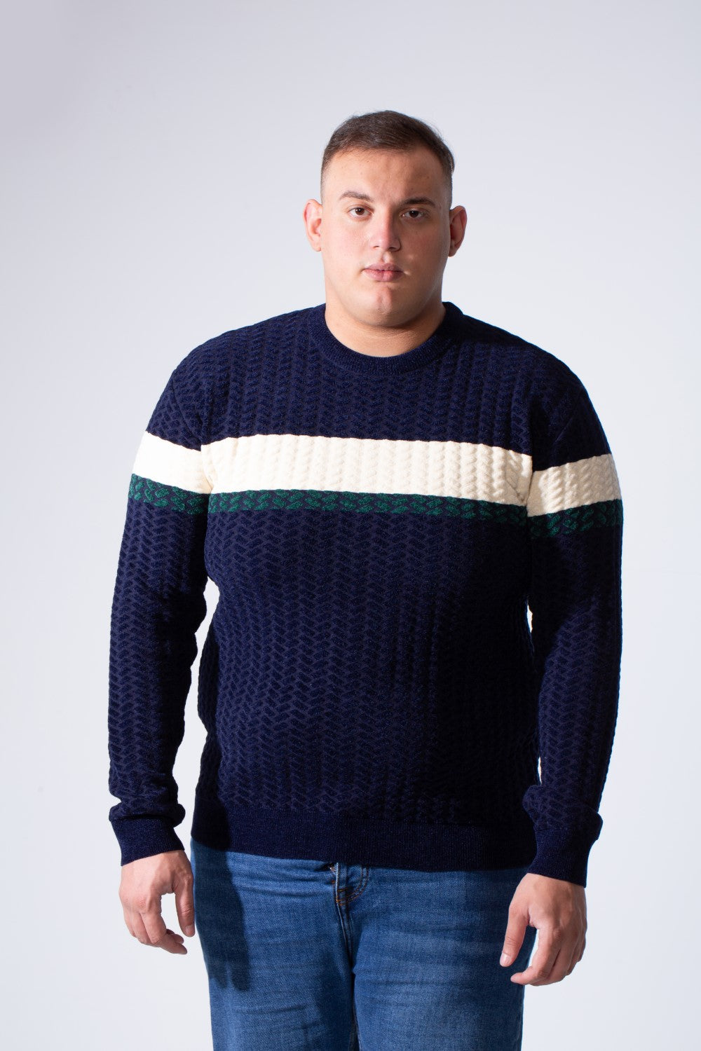 Men's Long Sleeve Textured Cable-Knit Pattern Crew Neck Chest Front Striped Comfy Modern Big Size Pullover