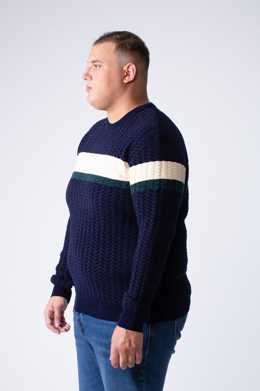 Men's Long Sleeve Textured Cable-Knit Pattern Crew Neck Chest Front Striped Comfy Modern Big Size Pullover