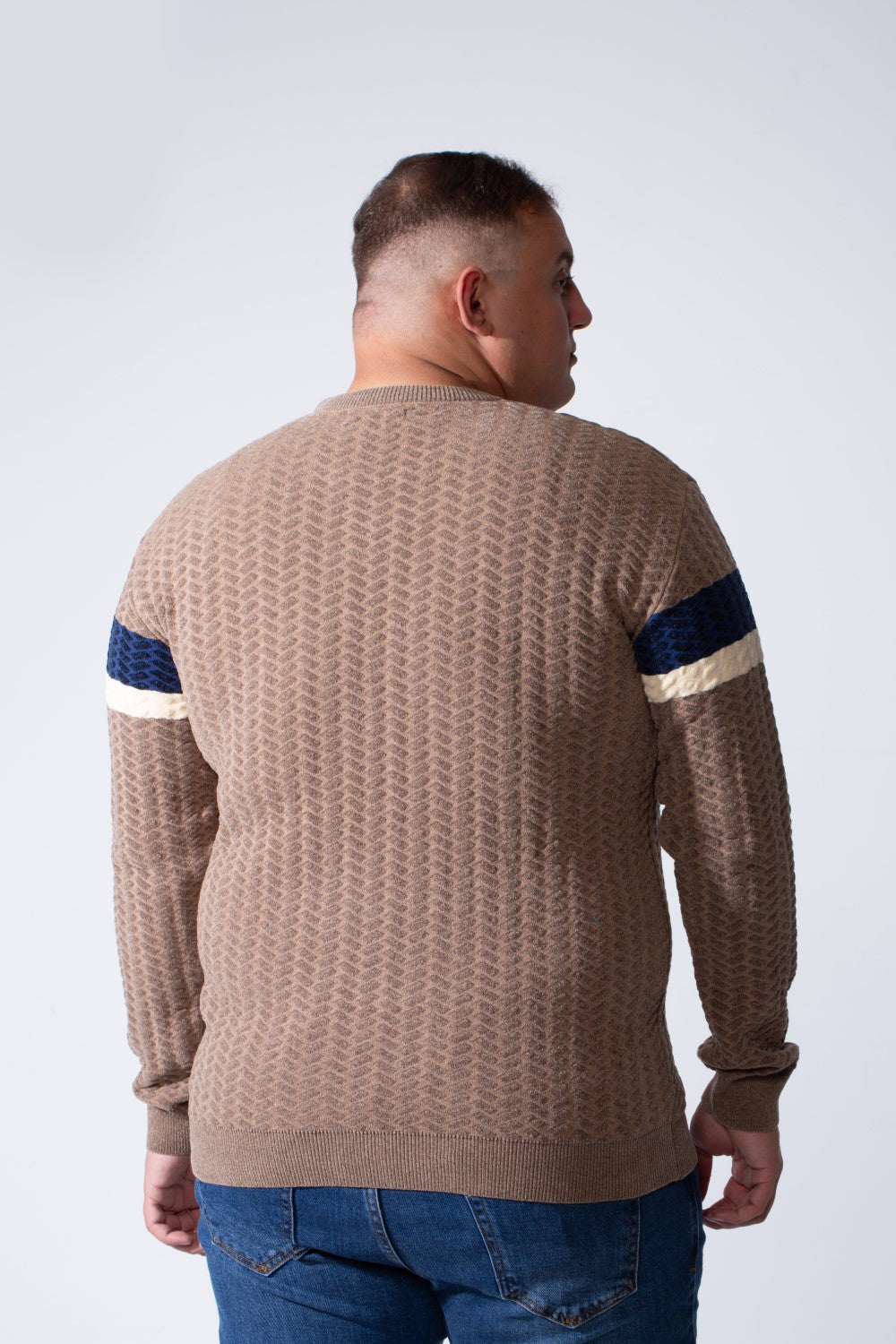 Men's Long Sleeve Textured Cable-Knit Pattern Crew Neck Chest Front Striped Comfy Modern Big Size Pullover
