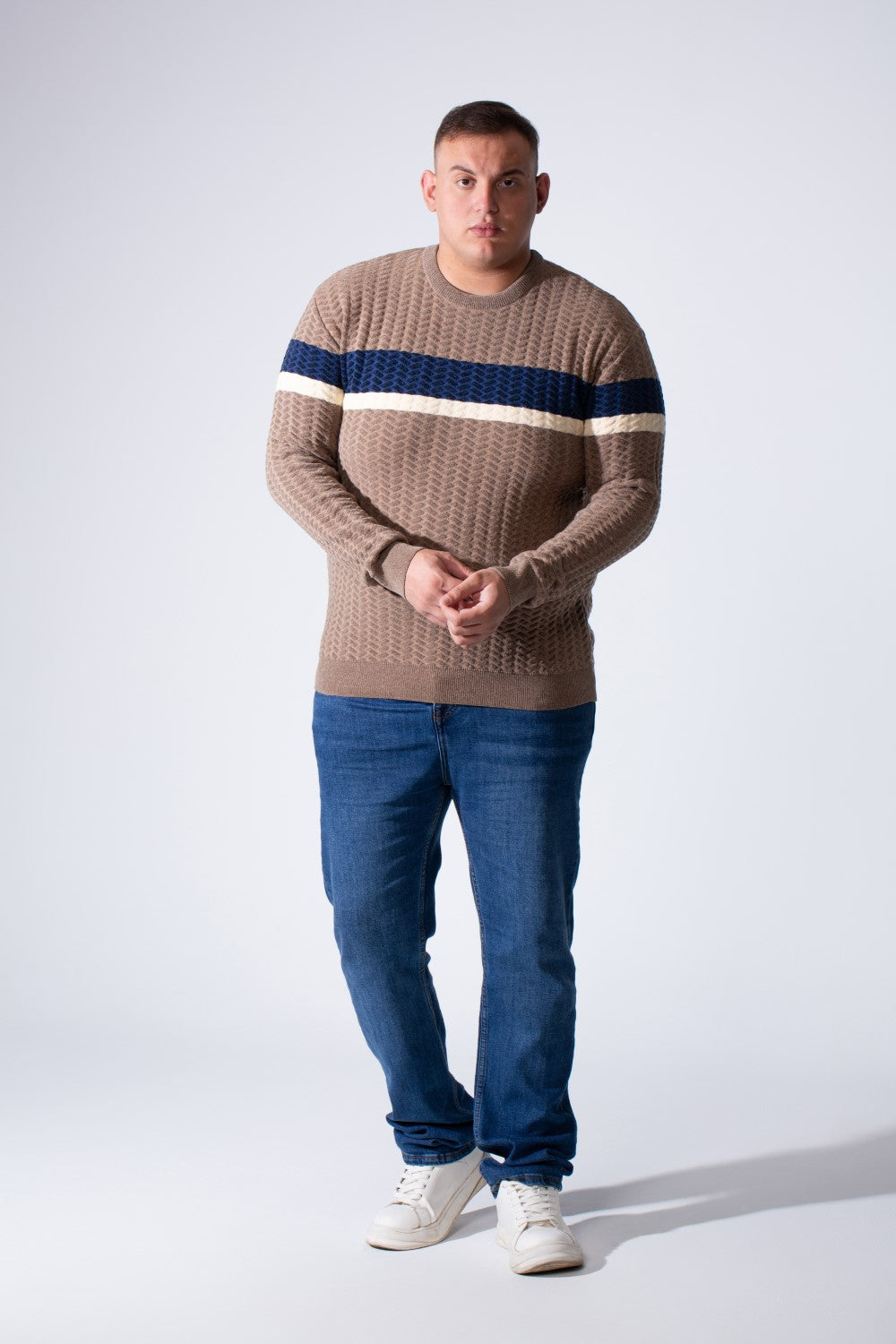 Men's Long Sleeve Textured Cable-Knit Pattern Crew Neck Chest Front Striped Comfy Modern Big Size Pullover