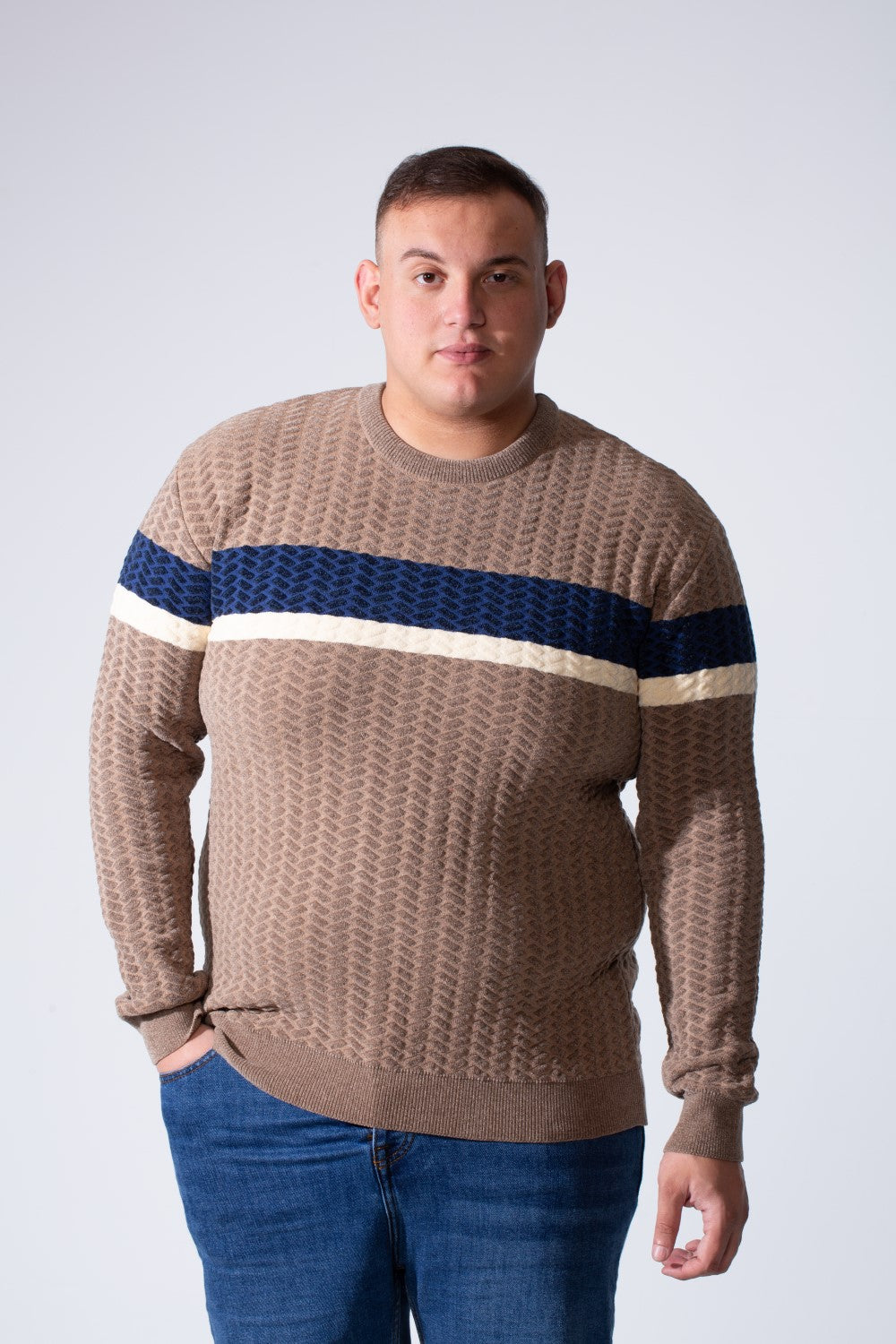 Men's Long Sleeve Textured Cable-Knit Pattern Crew Neck Chest Front Striped Comfy Modern Big Size Pullover