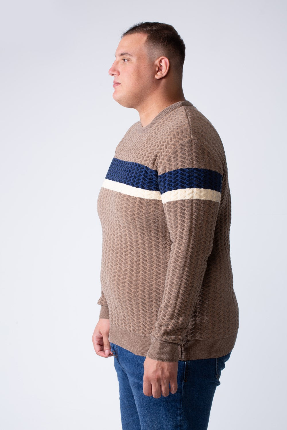 Men's Long Sleeve Textured Cable-Knit Pattern Crew Neck Chest Front Striped Comfy Modern Big Size Pullover