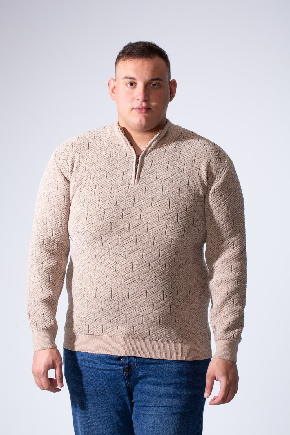 Men's Quarter-Zip Textured Chevron Knit Pattern With Practical High Neckline  Slim Fit Versatile Casual Big Size Pullover