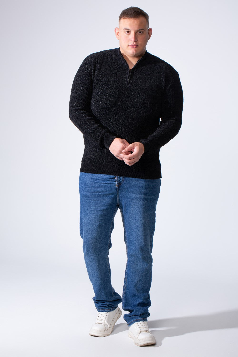 Men's Quarter-Zip Textured Chevron Knit Pattern With Practical High Neckline  Slim Fit Versatile Casual Big Size Pullover
