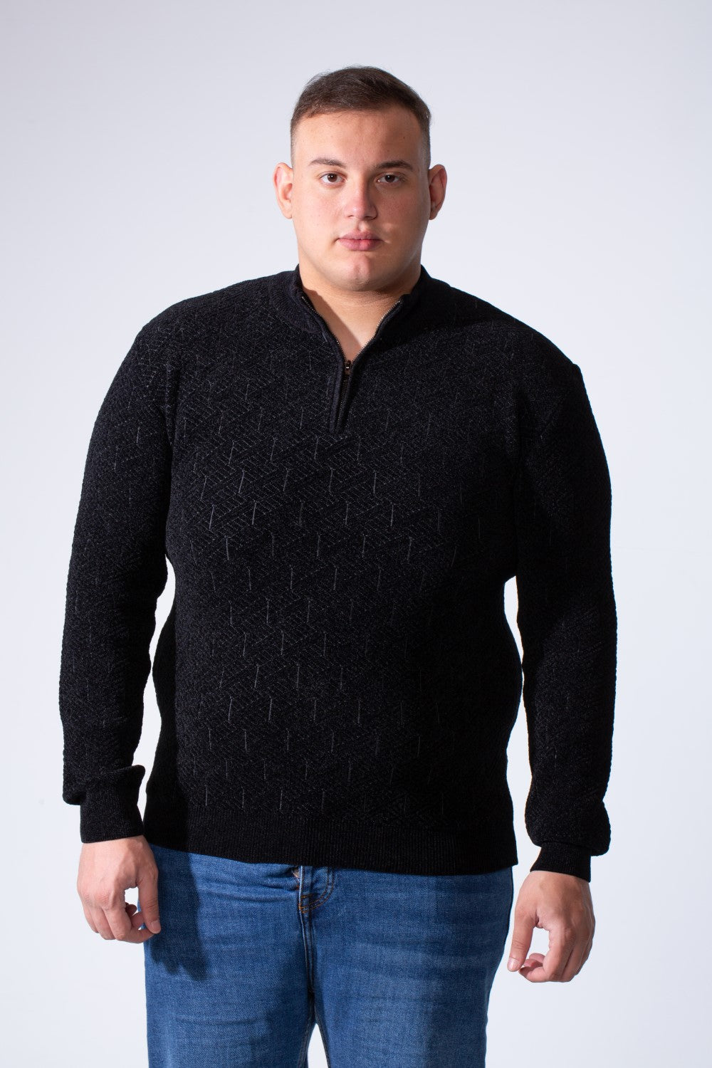 Men's Quarter-Zip Textured Chevron Knit Pattern With Practical High Neckline  Slim Fit Versatile Casual Big Size Pullover