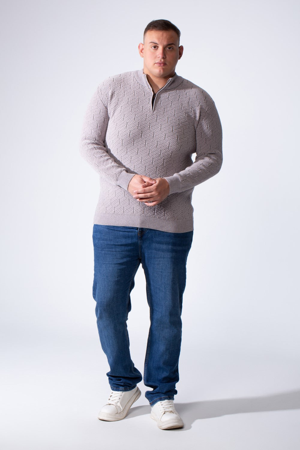 Men's Quarter-Zip Textured Chevron Knit Pattern With Practical High Neckline  Slim Fit Versatile Casual Big Size Pullover