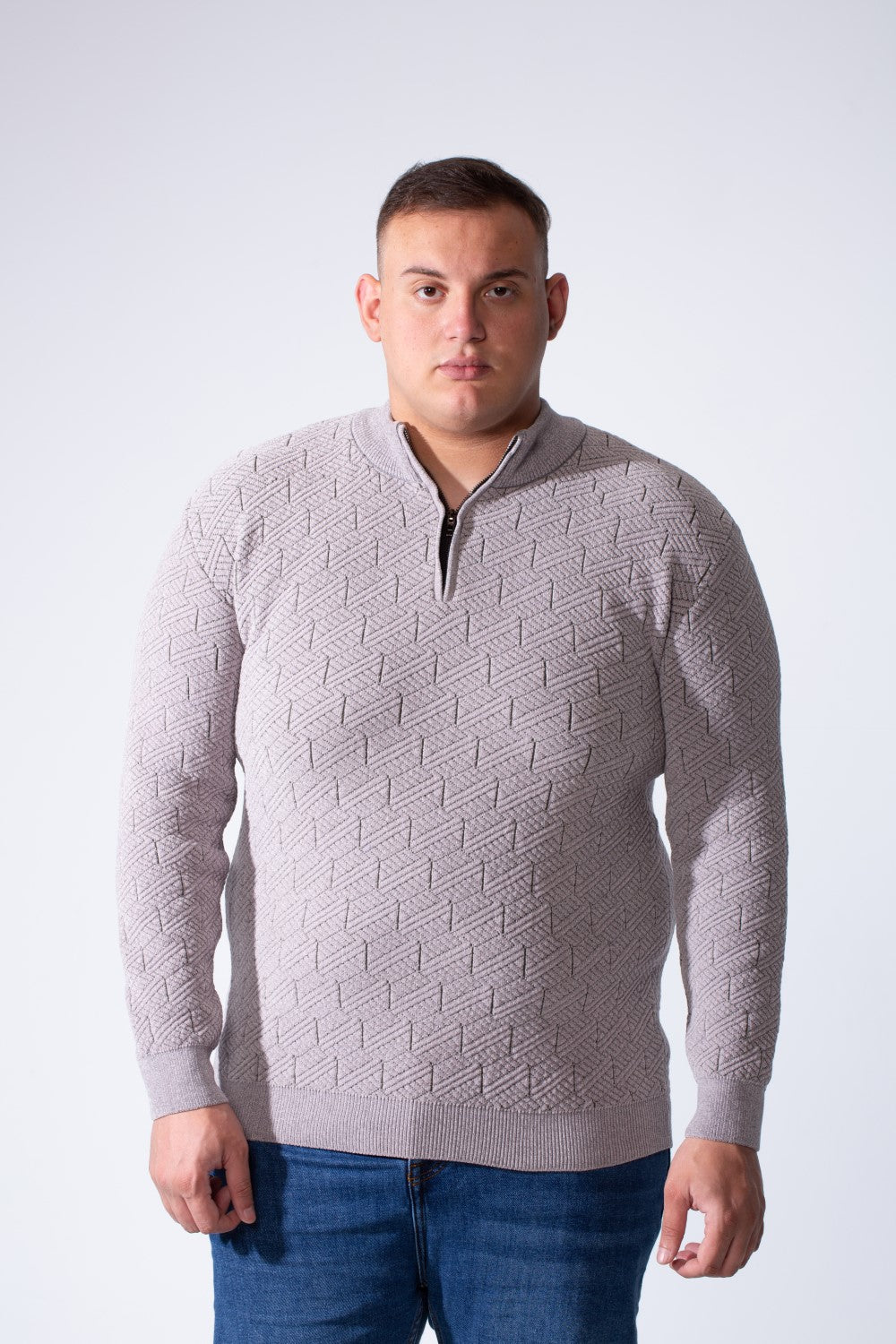 Men's Quarter-Zip Textured Chevron Knit Pattern With Practical High Neckline  Slim Fit Versatile Casual Big Size Pullover