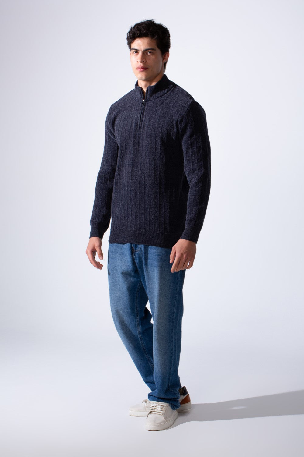 Men's High Neckline Half Zip With Classic Ribbed-Knit Texture Pullover