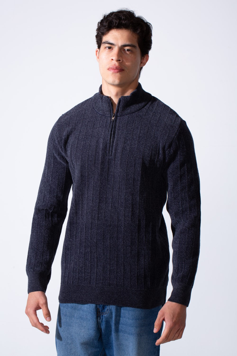 Men's High Neckline Half Zip With Classic Ribbed-Knit Texture Pullover