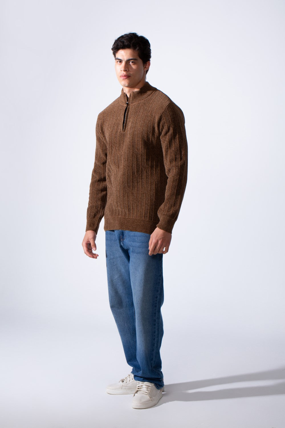 Men's High Neckline Half Zip With Classic Ribbed-Knit Texture Pullover