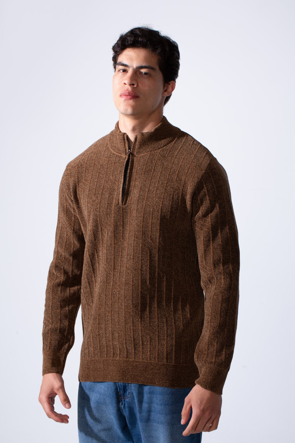Men's High Neckline Half Zip With Classic Ribbed-Knit Texture Pullover