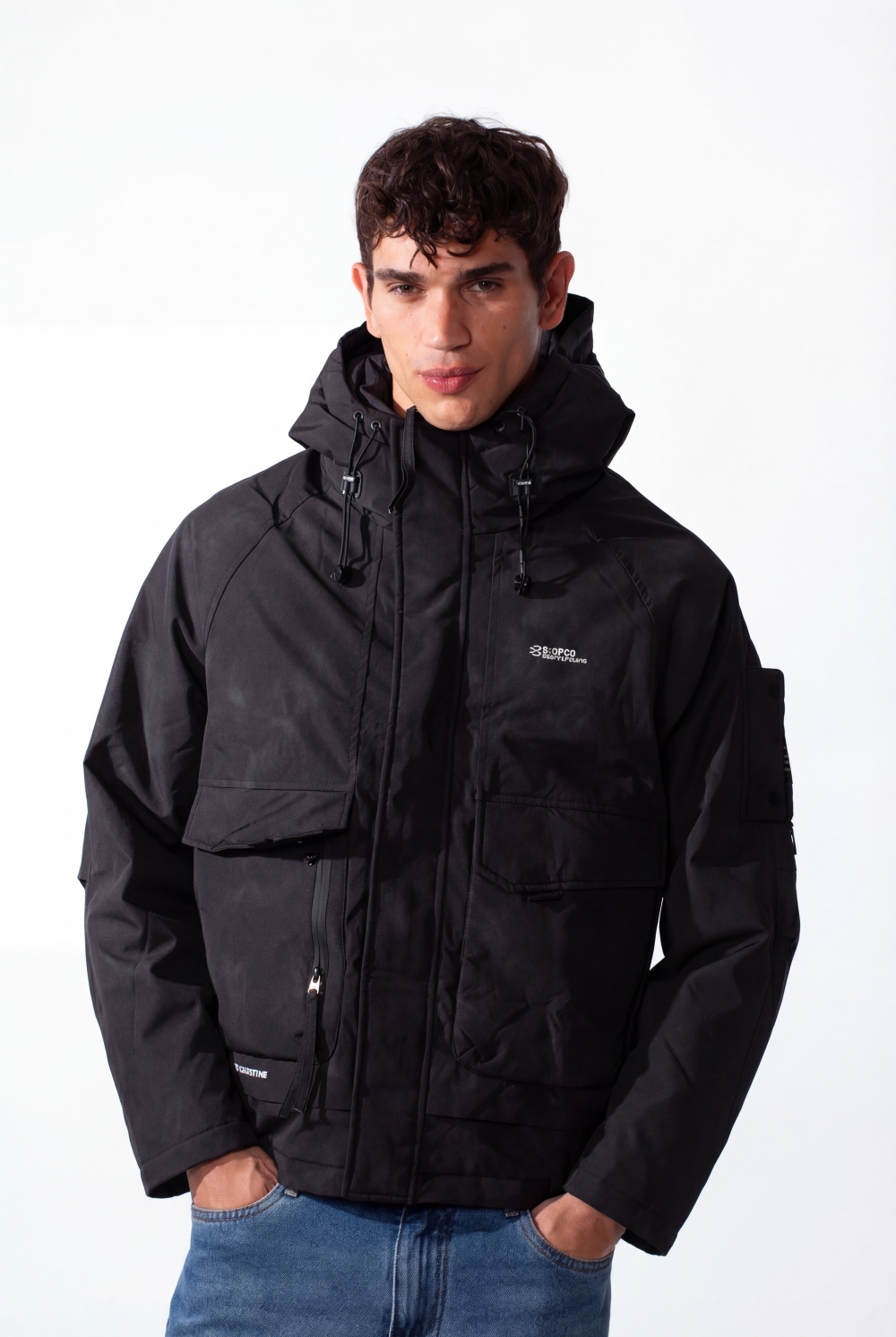 جاكيت مقاوم للماء بغطاء رأس وجيوب أمامية للرجال