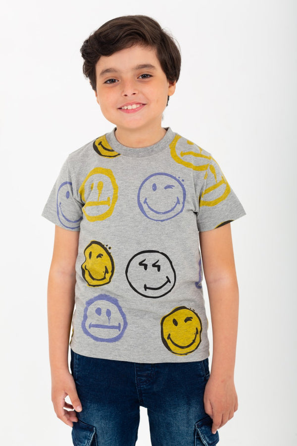 Boy's Smiley Face Printed Half Sleeve T-Shirt With Round Neck