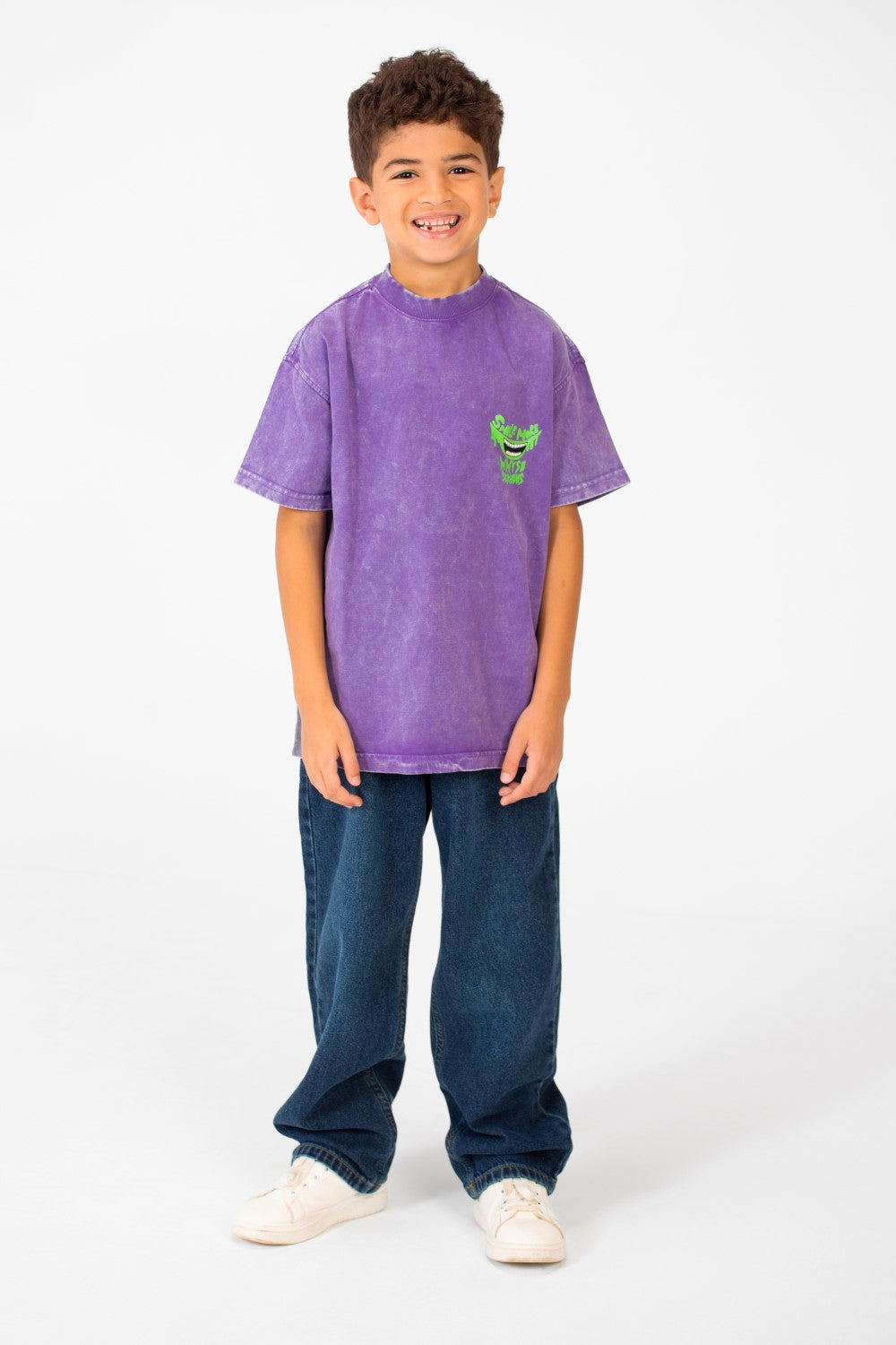 Boy's Washed Text Print Oversized T-Shirt With Short Sleeves And Round Neck
