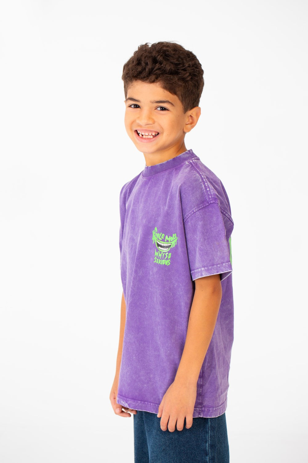 Boy's Washed Text Print Oversized T-Shirt With Short Sleeves And Round Neck