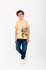 Boys' half-sleeved T-shirt made of soft cotton with a round neck and a distinctive front print