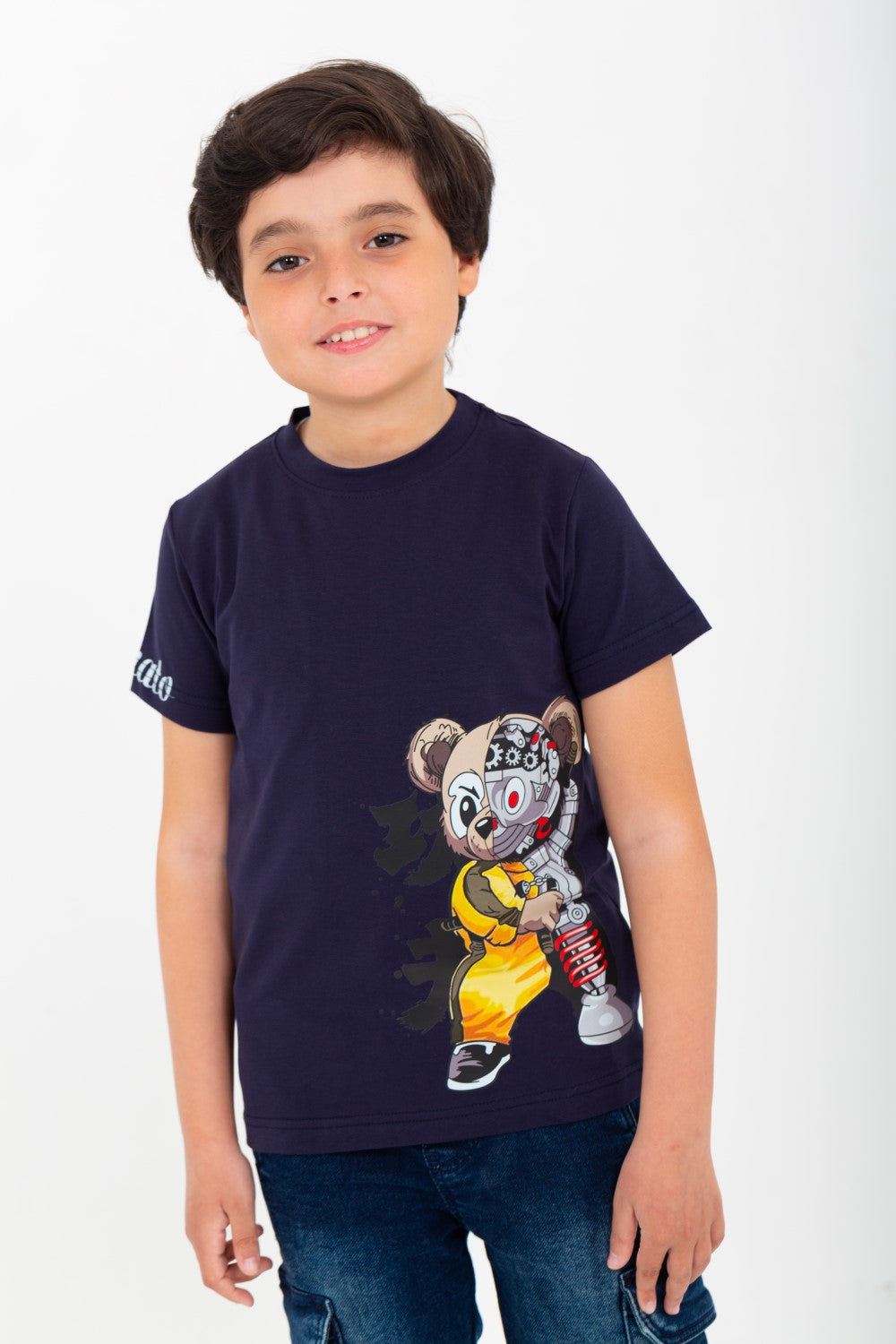 Boys' half-sleeved T-shirt made of soft cotton with a round neck and a distinctive front print