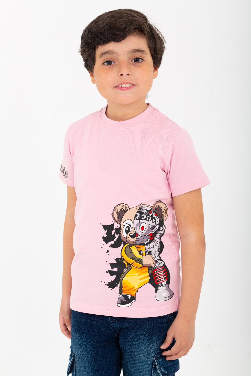 Boys' half-sleeved T-shirt made of soft cotton with a round neck and a distinctive front print