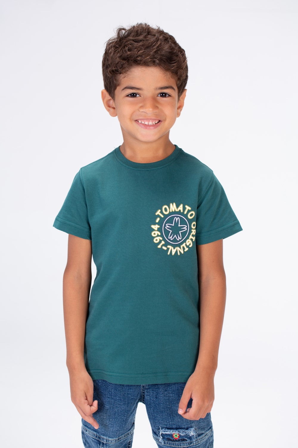 Boys Round Neck Half Sleeves T-shirt With Tomato Print In Summer Melton Material