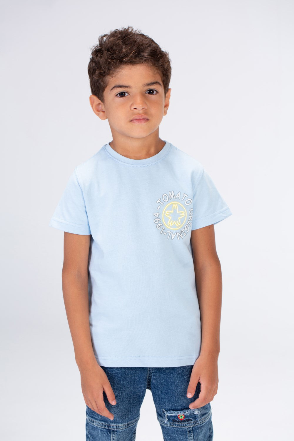 Boys Round Neck Half Sleeves T-shirt With Tomato Print In Summer Melton Material