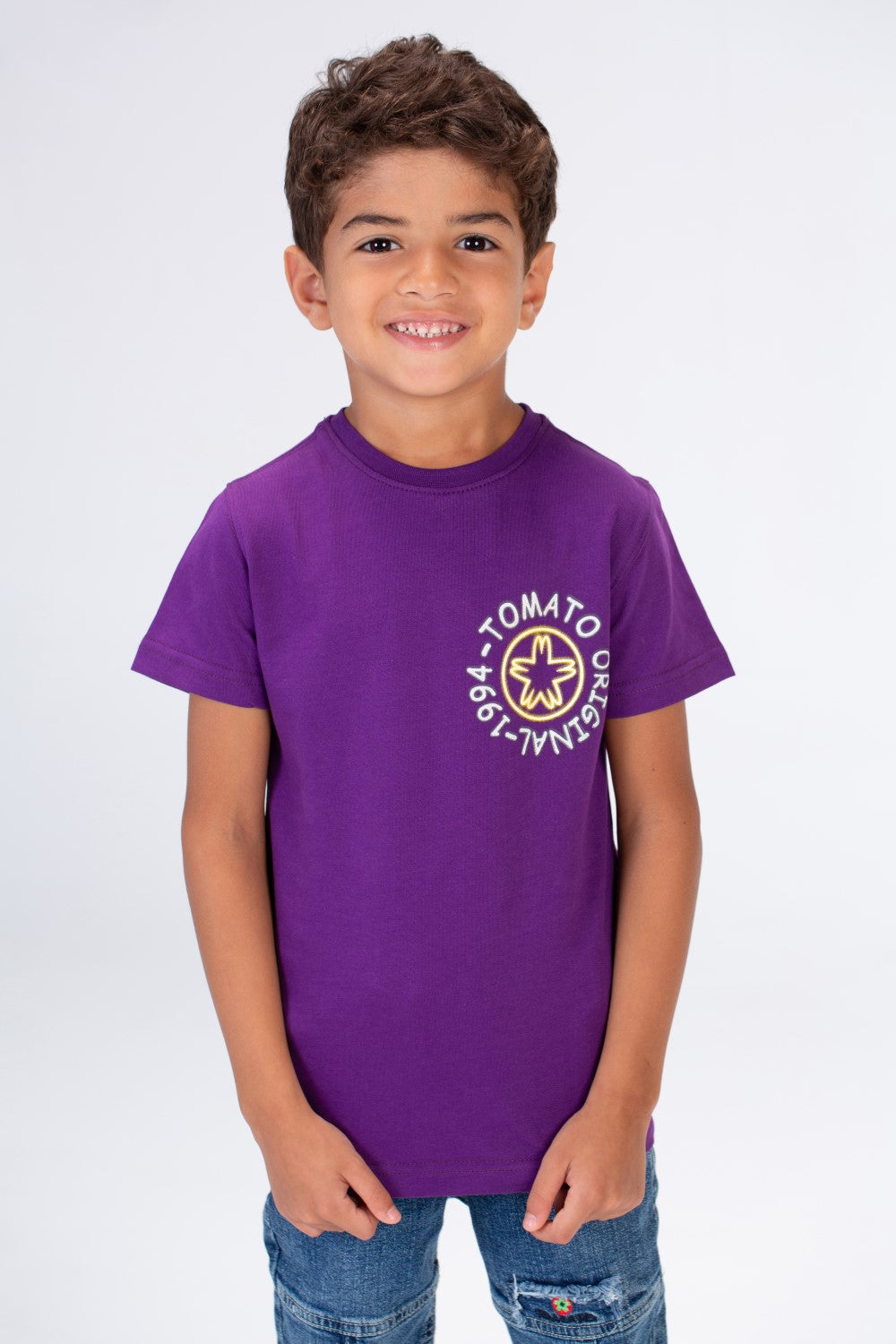 Boys Round Neck Half Sleeves T-shirt With Tomato Print In Summer Melton Material