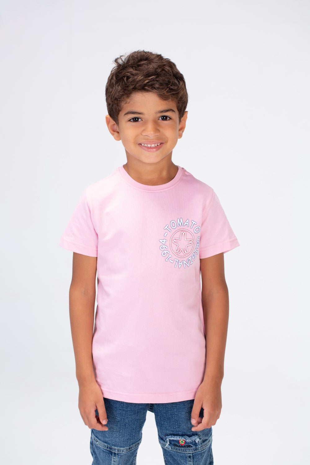 Boys Round Neck Half Sleeves T-shirt With Tomato Print In Summer Melton Material