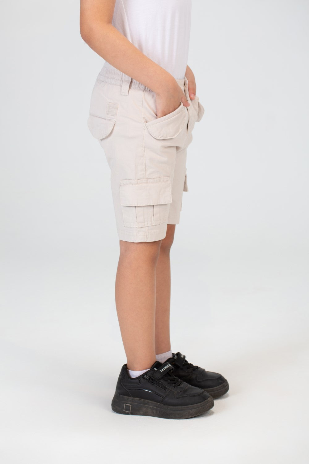 Boys Gabardine Shorts With Basic Details And A Tomato Patch On The Back