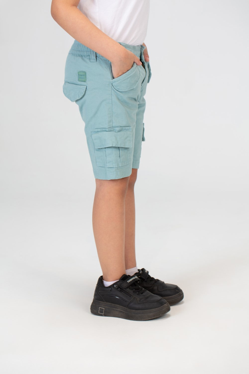 Boys Gabardine Shorts With Basic Details And A Tomato Patch On The Back
