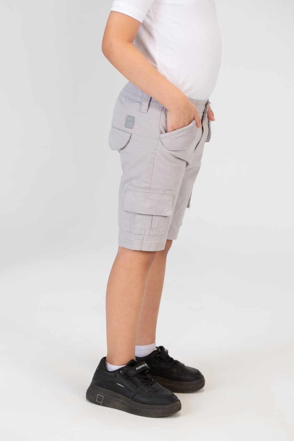 Boys Gabardine Shorts With Basic Details And A Tomato Patch On The Back