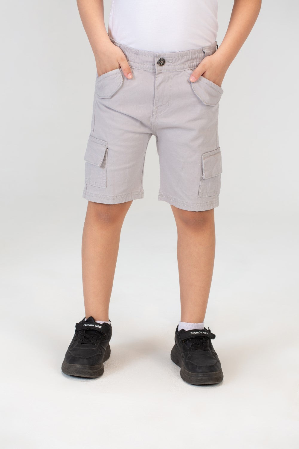 Boys Gabardine Shorts With Basic Details And A Tomato Patch On The Back