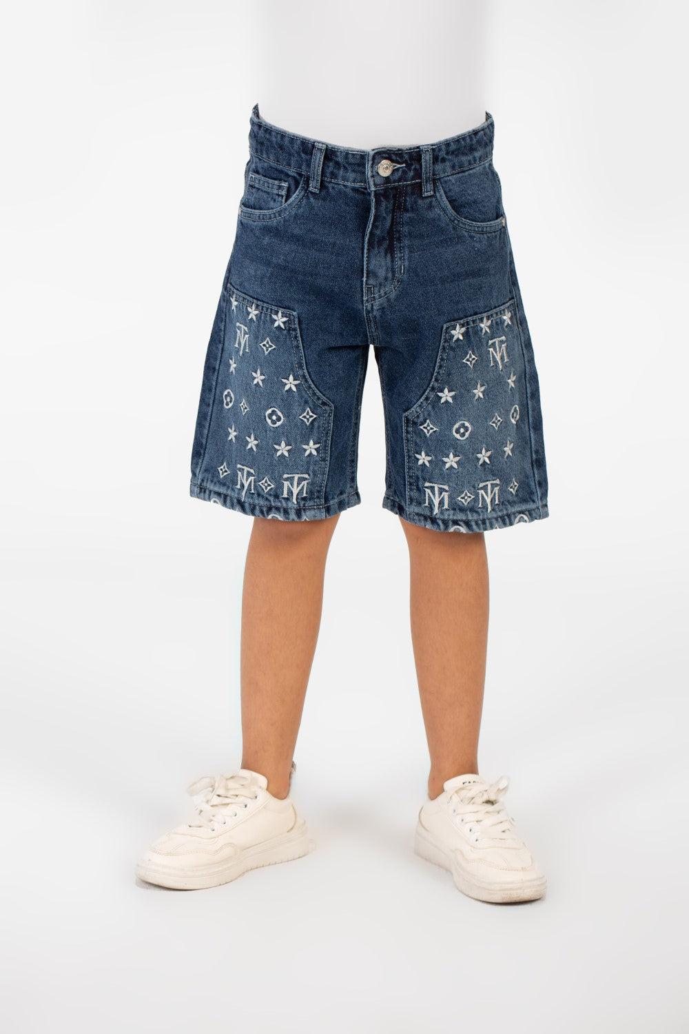Boy's Summer Denim Short With A Modern Print And Pockets