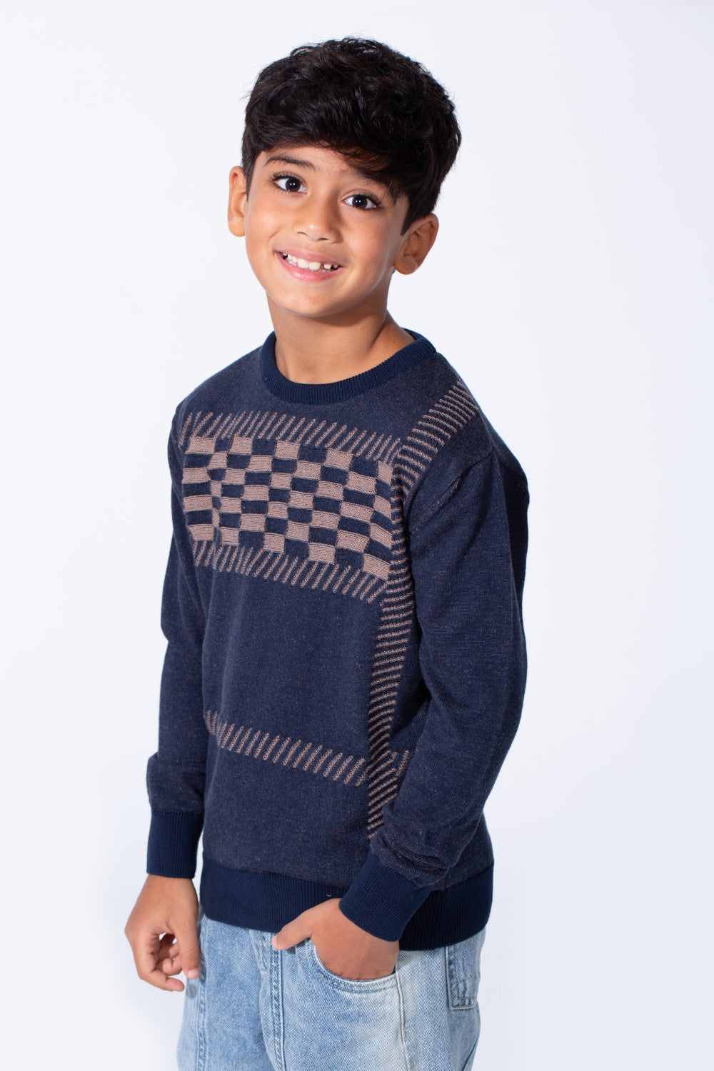Boy's Slim Fit Cotton Pullover With A Round Neck And Long Sleeves