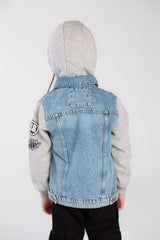 Boy's Denim Melton Hooded Printed Details Casual Slim Fit Jackets With Melton Sleeves