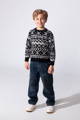 Boy's Printed Slim Fit Jakar Pullover With A Round Neck And Long Sleeves